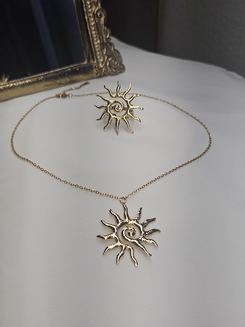 Gold Sunburst Pendant Necklace and Ring Set
